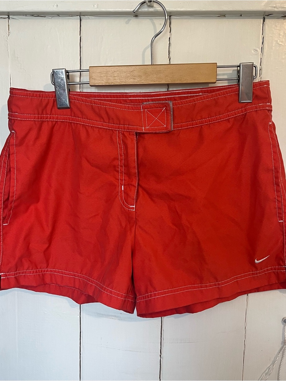 Nike Red Women's Vintage Swim Shorts with White Stitching